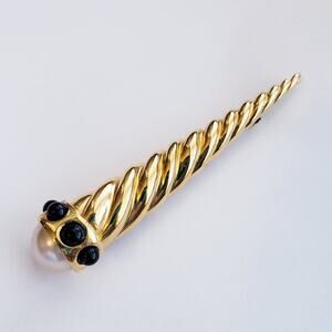 Vintage‎ MCM Jewelry Signed RICHELIEU Twisted Cone Rope Gold Tone Faux Pearl 3"
